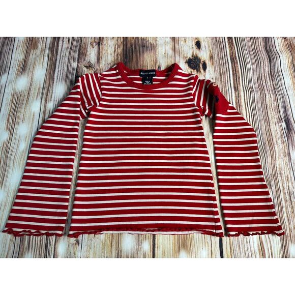 Ralph Lauren Girls Sz 5 Red White Stripe Long Sleeve Shirt Top Pocket Blue Pony - Picture 2 of 5